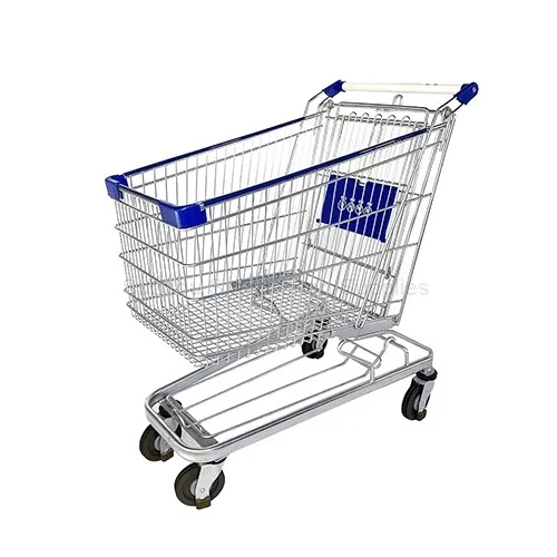 Angled view of the high-capacity SMT-SC-BG125L 125L Asian-German style wire shopping cart featuring a sturdy hybrid chassis with a bottom tray, wrap-around blue edge protectors, and a safety-printed c