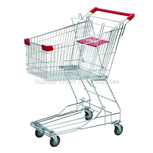 Side profile of the agile SMT-SC-B60L 60L Asian style wire shopping cart featuring a bottom storage tray, highly nestable frame, red corner bumpers, and a child seat by Suzhou Smart Shop Supplies