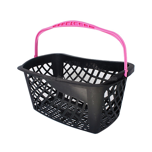 Ergonomic 30L contoured single handle shopping basket SMT-HB14 by Suzhou Smart Shop Supplies in black featuring a pink drop-down grip