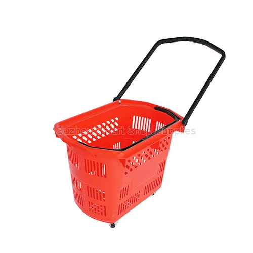 Premium 60L extra-large rolling shopping basket SMT-RB20 by Suzhou Smart Shop Supplies in vibrant red showing its durable long pull handle and mobile base wheels