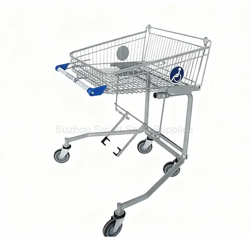 SMT-SC-OEM002 wheelchair accessible shopping cart featuring an open base chassis and secure attachment hooks by Suzhou Smart Shop Supplies