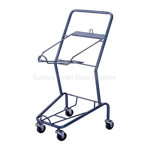 Angled view of the empty SMT-SC-J003 minimalist dual-basket transporter frame featuring a lightweight blue tubular steel architecture by Suzhou Smart Shop Supplies