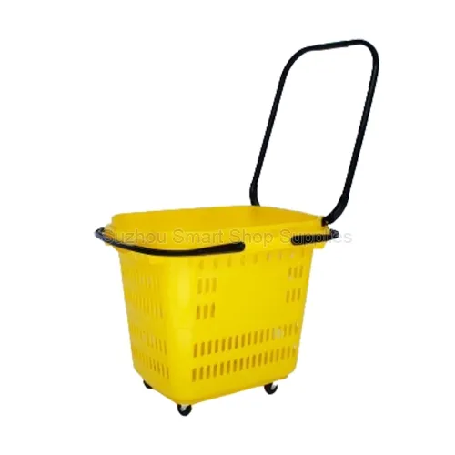 Premium 58L four-wheel rolling shopping basket SMT-RB37 by Suzhou Smart Shop Supplies in vibrant yellow featuring an ergonomic loop plastic pull handle