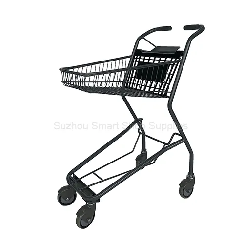 SMT-SC-J018 ergonomic black Z-frame basket cart featuring independent upright grips and a fixed top wire basket by Suzhou Smart Shop Supplies