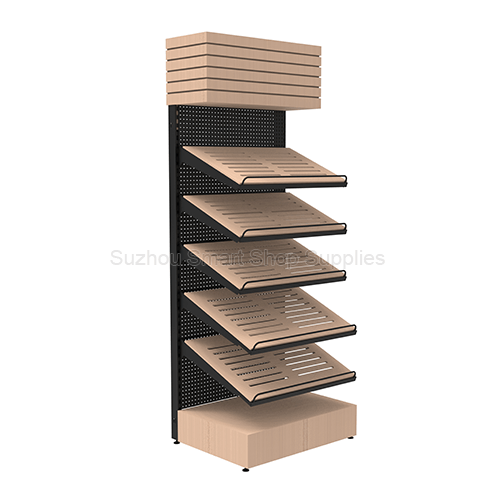 Commercial Bakery Shelving SMT-BD01-2 featuring slanted wood shelves and slatted header
