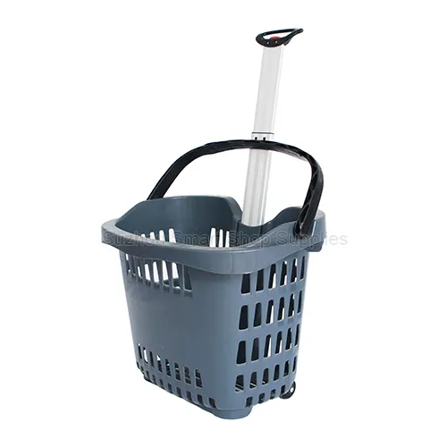 Premium 50L apple-shaped rolling shopping basket SMT-RB26 by Suzhou Smart Shop Supplies in dark grey featuring an ergonomic single aluminum telescopic pull handle