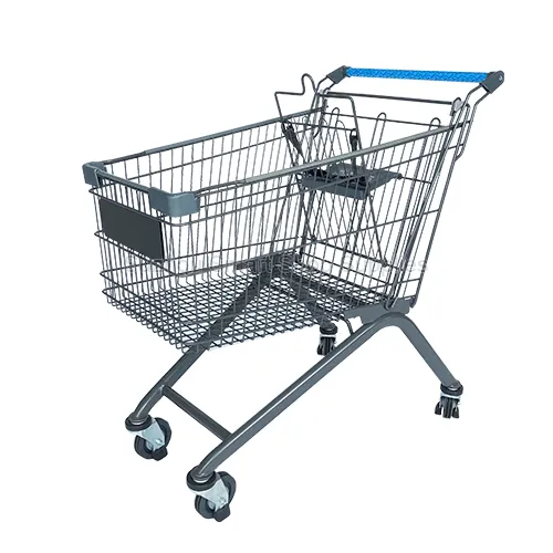 Angled view of the heavy-duty SMT-SC-A125L 125L Euro style wire shopping cart in a dark grey powder-coated finish, featuring a front logo panel, blue handle grip, and child seat by Suzhou Smart