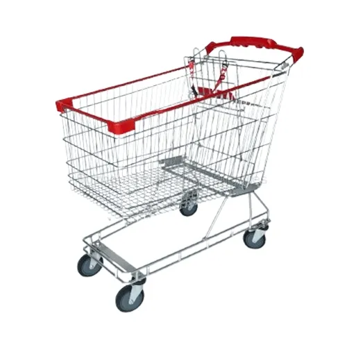 Angled view of the ultimate-capacity SMT-SC-E212L 212L Australian style shopping cart featuring a massive 1115mm long frame, an open flat tubular base, a bright silver finish, wrap-around red edge prote