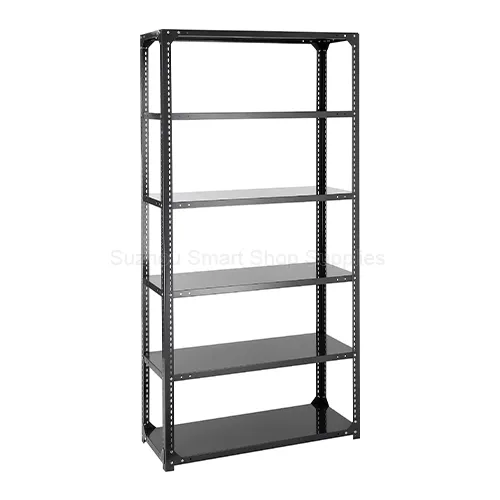 SMT-ASR03 heavy-duty 6-tier slotted angle steel storage rack in semi-gloss black powder coating by Suzhou Smart Shop Supplies