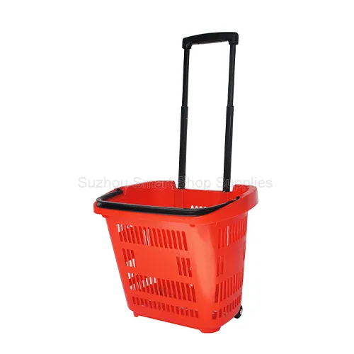 Premium 35L rolling shopping basket SMT-RB21 by Suzhou Smart Shop Supplies in vibrant red featuring stable dual telescopic pull handles and smooth ground wheels