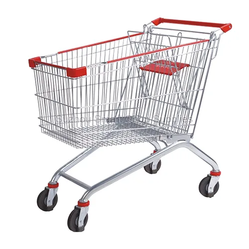 Side profile of the ultra-capacity SMT-SC-A180L 180L Euro style wire shopping cart featuring a brilliant zinc finish, wrap-around red edge protectors, caster deflectors, and an integrated child