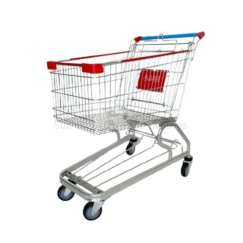 Angled view of the high-volume SMT-SC-D125L 125L American style oval tube shopping cart featuring a sleek oval tubular steel base, bottom tray, red wrap-around edge protectors, a safety-printed child