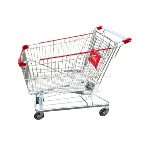Angled view of the mega-capacity SMT-SC-BG180L 180L Asian-German style wire shopping cart featuring a 1-meter long hybrid chassis with a bottom tray, bright silver finish, and vibrant red wrap-around