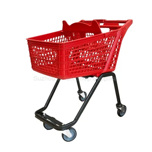 Angled view of the versatile SMT-SC-HP003 120L semi-plastic shopping cart featuring a vibrant red virgin PP honeycomb basket, a black powder-coated open-base steel frame, and integrated child seat b