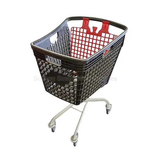High-angle view of the compact SMT-SC-HP007 semi-plastic shopping cart featuring a deep bucket-style black polymer basket with integrated side handles, a red rear gate, and a space-saving X-frame tubular s