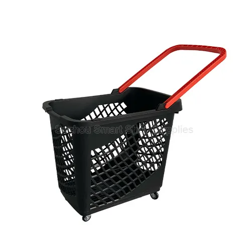Premium 65L rolling shopping basket SMT-RB38 by Suzhou Smart Shop Supplies in sleek black body featuring a high contrast red snap-in loop handle