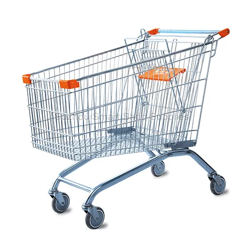 Angled view of the maximum-capacity SMT-SC-A210L 210L Euro style wire shopping cart featuring a bright zinc finish, vibrant orange corner bumpers, and a safety-printed child seat by Suzhou Smar