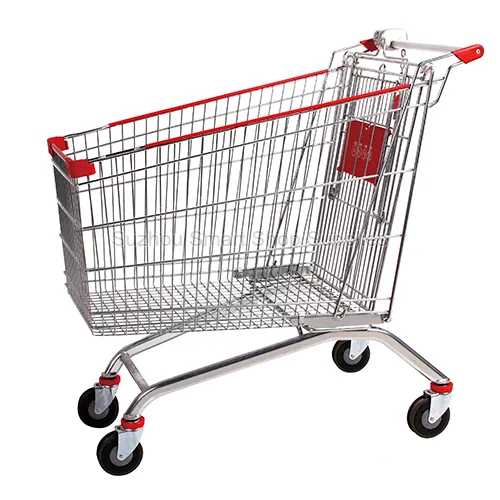 Angled view of the colossal SMT-SC-A220L 220L Euro style wire shopping cart featuring a bright zinc finish, integrated coin lock, wrap-around red edge protectors, and caster deflectors by Suzho