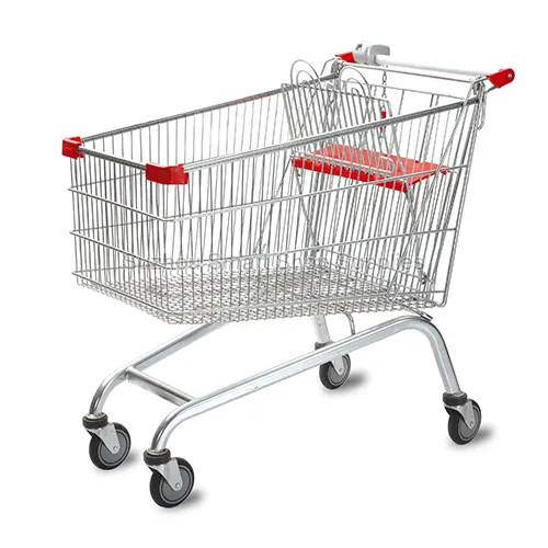 Side profile of the mega-capacity SMT-SC-A190L 190L Euro style wire shopping cart featuring an integrated coin lock on the handle, bright zinc finish, red child seat, and an anti-theft tray-les