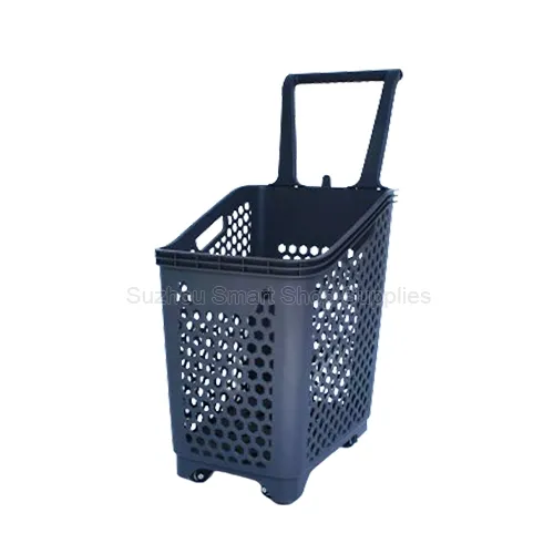 Premium 68L high back rolling shopping basket SMT-RB32 by Suzhou Smart Shop Supplies in dark grey featuring an industrial snap-in black handle