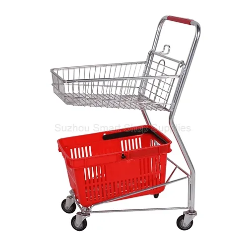 Angled view of the agile SMT-SC-J001 2-tier convenience store basket cart featuring an integrated top wire basket and a red plastic hand basket placed on the lower rack by Suzhou Smart Shop Supplies