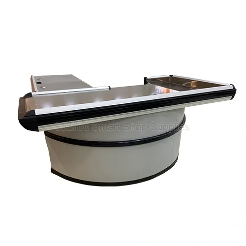 SMT-CC07 premium semi-circular L-shaped commercial checkout counter featuring a light grey curved base, recessed stainless steel top, and black protective bumpers by Suzhou Smart Shop Supplies