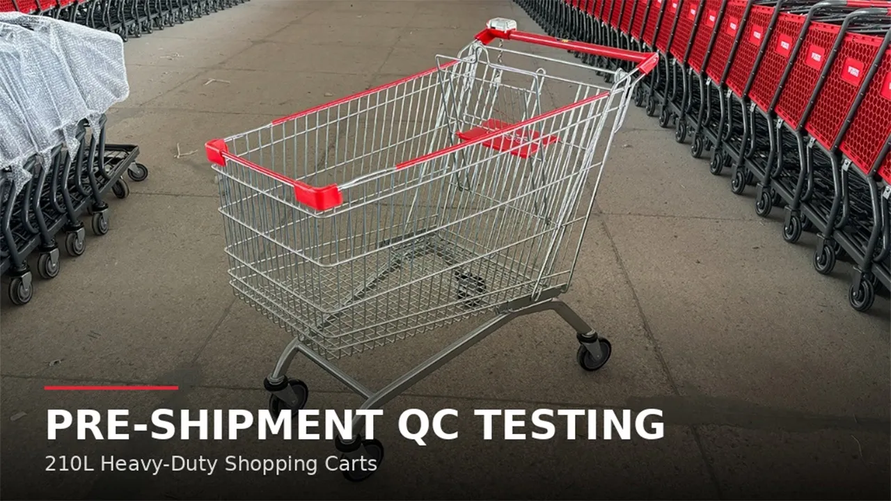 210L heavy-duty wire shopping cart undergoing factory quality control testing before shipment