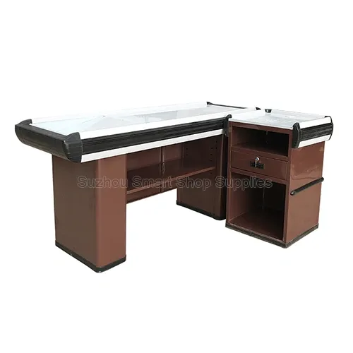 Cashier side view of the SMT-CC10 checkout counter highlighting built-in under-counter shelving and a secure lockable drawer by Suzhou Smart Shop Supplies