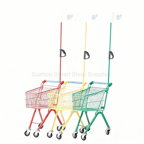 SMT-SC-K005 European-style metal kids shopping carts in vibrant powder-coated colors featuring tall safety flags and parent assist handles by Suzhou Smart Shop Supplies