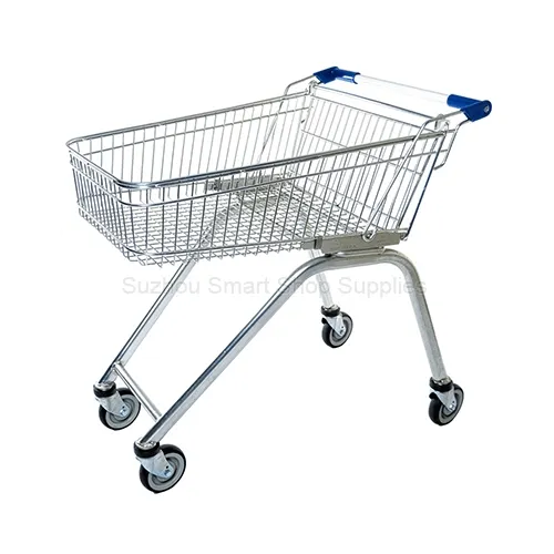 Angled view of the streamlined SMT-SC-E90L 90L Australian style high-leg shopping cart featuring a distinct open-base tubular chassis, a child-seat-free shallow basket, bright silver finish, and navy blu