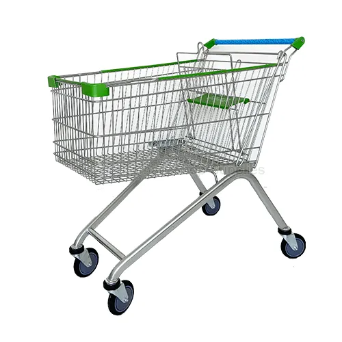 Side profile of the extra-large SMT-SC-A150L 150L Euro style wire shopping cart featuring a brilliant zinc finish, wrap-around green edge protectors, corner bumpers, and a child seat by Suzhou