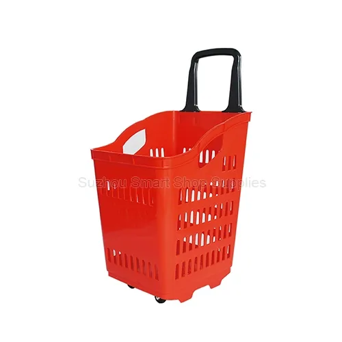Premium 60L high back rolling shopping basket SMT-RB31 by Suzhou Smart Shop Supplies in vibrant red featuring a heavy-duty snap-in black handle