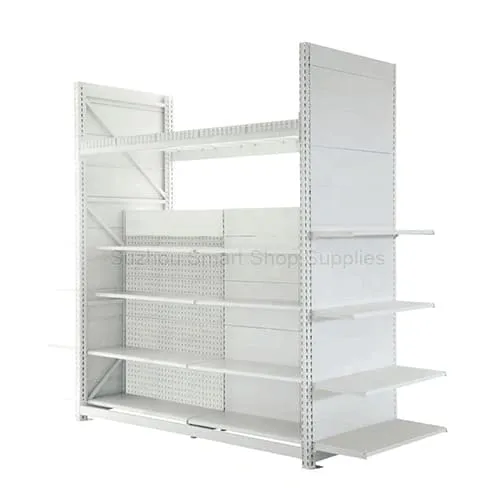 SMT-WR05 integrated warehouse retail rack featuring white lower display shelves, pegboard back panels, and overhead pallet storage beams by Suzhou Smart Shop Supplies