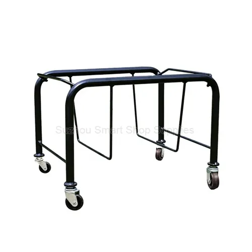 Empty frame of the SMT-BS01 metal rolling shopping basket stacker by Suzhou Smart Shop Supplies featuring a black tubular steel build and four swivel casters