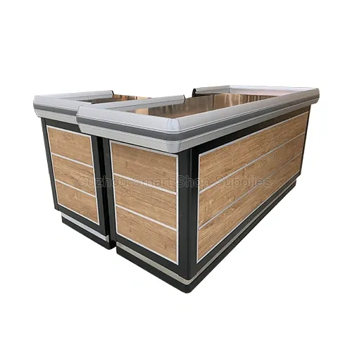 SMT-CC08 premium wood-grain L-shaped commercial checkout counter featuring a black steel frame, stainless steel top, and protective bumpers by Suzhou Smart Shop Supplies
