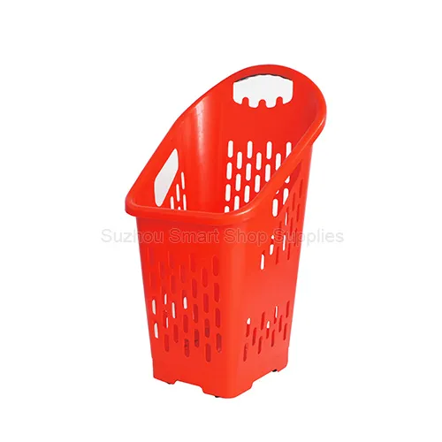 Heavy duty 70L integrated all plastic rolling shopping basket SMT-RB28 by Suzhou Smart Shop Supplies in vibrant red featuring a one piece molded tall pull handle