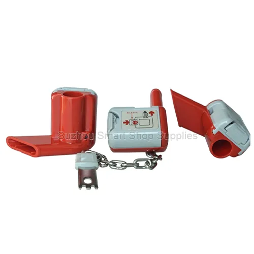 SMT-SC-CL06 L-shaped tube mount PC plastic shopping cart coin lock featuring a metal chain and insertion plug by Suzhou Smart Shop Supplies
