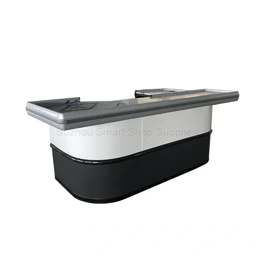 SMT-CC06 modern black and white curved commercial checkout counter featuring large-radius safety corners and a stainless steel transaction top by Suzhou Smart Shop Supplies
