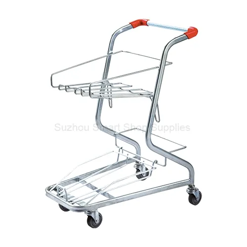 Angled view of the empty SMT-SC-J005 3-basket transporter frame featuring an ingenious 3-tier silver tubular steel architecture and red handle grips by Suzhou Smart Shop Supplies