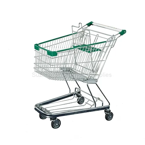 Angled view of the hybrid SMT-SC-BG80L 80L Asian-German style wire shopping cart featuring a reinforced chassis with a bottom tray, bright silver finish, and vibrant green plastic accents by Suzhou Sma