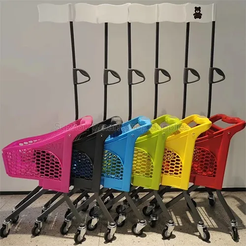 SMT-SC-K001 miniature plastic kids shopping carts in multiple vibrant colors featuring tall safety flag poles by Suzhou Smart Shop Supplies