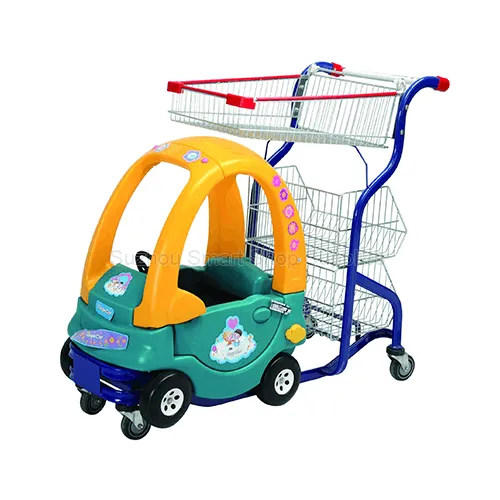 SMT-SC-K008 novelty kids shopping cart featuring a molded plastic toy car cabin and multi-tier rear wire baskets by Suzhou Smart Shop Supplies