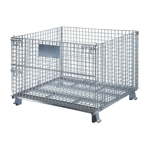 SMT-SC01 industrial galvanized folding wire storage container featuring a half-drop gate and reinforced U-channel base by Suzhou Smart Shop Supplies