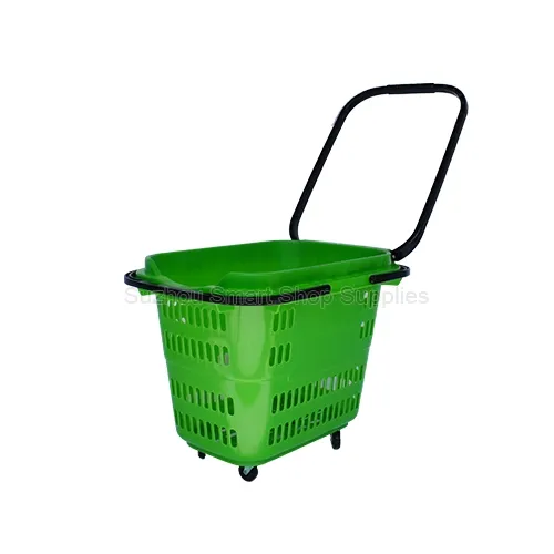 Premium 45L four-wheel rolling shopping basket SMT-RB36 by Suzhou Smart Shop Supplies in vibrant green featuring an ergonomic plastic pull handle
