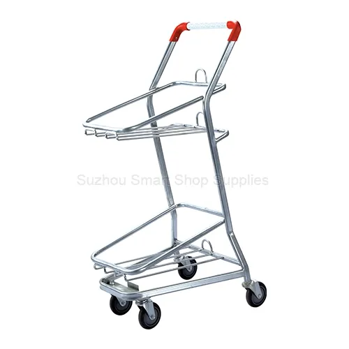 Angled view of the ergonomic SMT-SC-J006 dual-basket transporter featuring a tall 1035mm silver tubular steel frame, a red and white ergonomic handle grip, and dual-tier basket racks by Suzhou Smart Shop Suppli