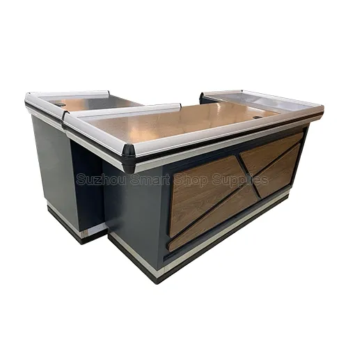 SMT-CC09 modern geometric wood-grain L-shaped commercial checkout counter featuring a dark steel frame, X-pattern front panel, and stainless steel top by Suzhou Smart Shop Supplies