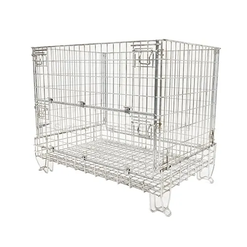 SMT-SC02 European style galvanized folding wire container featuring robust bent steel bar feet and a half-drop gate by Suzhou Smart Shop Supplies