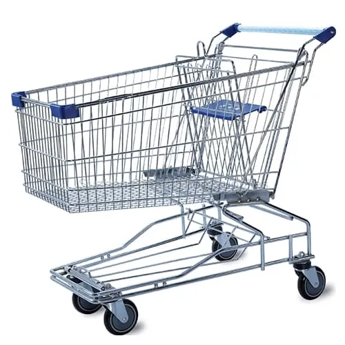 Side profile of the high-volume SMT-SC-B125L 125L Asian style wire shopping cart featuring a heavy-duty bottom storage tray, bright zinc finish, blue corner bumpers, and a safety-printed child sea