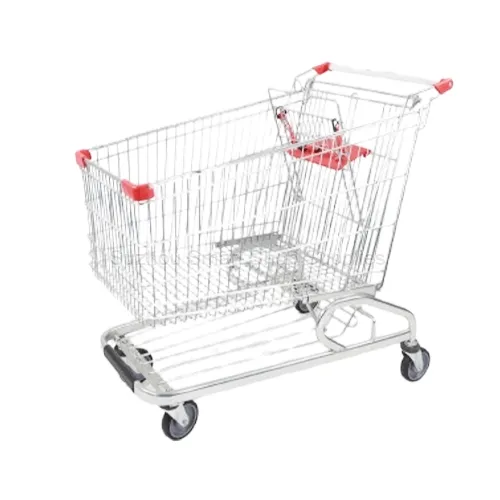 Angled view of the ultimate-capacity SMT-SC-D210L 210L American style oval tube shopping cart featuring a premium oval tubular steel base with front bumper protection, bottom tray, bright silver finis
