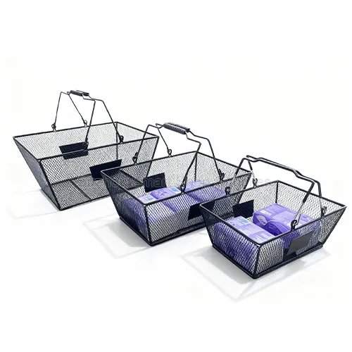 Premium fine wire mesh metal shopping baskets SMT-HB-WR01 by Suzhou Smart Shop Supplies showcasing three versatile sizes with black anti-rust coating and dedicated logo plates